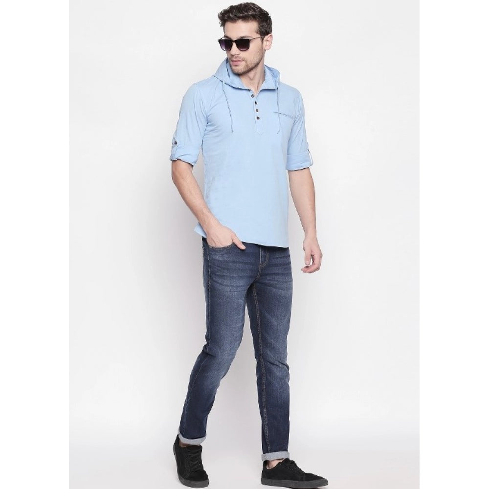 Generic Men's Cotton Casual Short Cross Kurta Shirt (Material: Cotton, (Color:Light Blue)