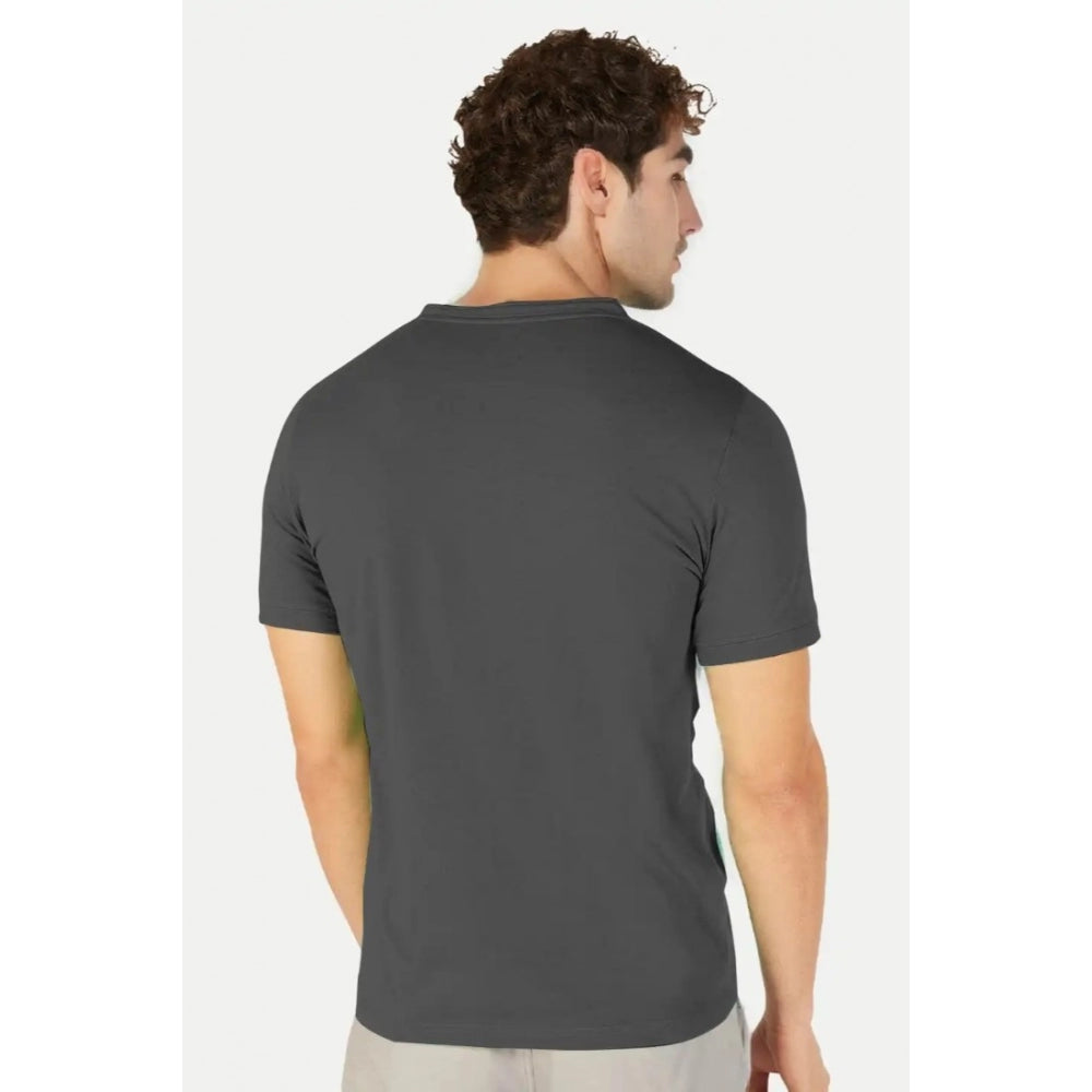 Generic Men's Casual Half sleeve Solid Cotton Henley Neck T-shirt (Dark Grey)