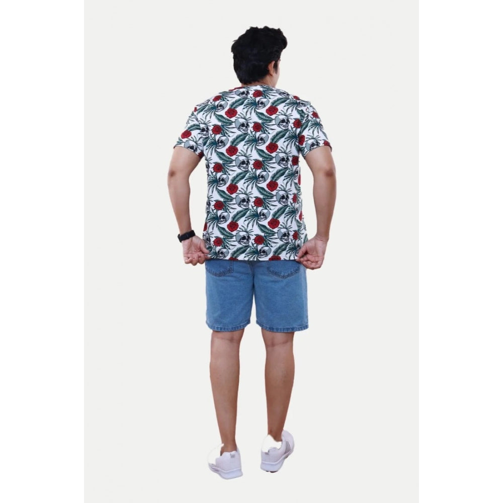 Generic Men's Casual Half sleeve Floral Printed Cotton Crew Neck T-shirt (White)