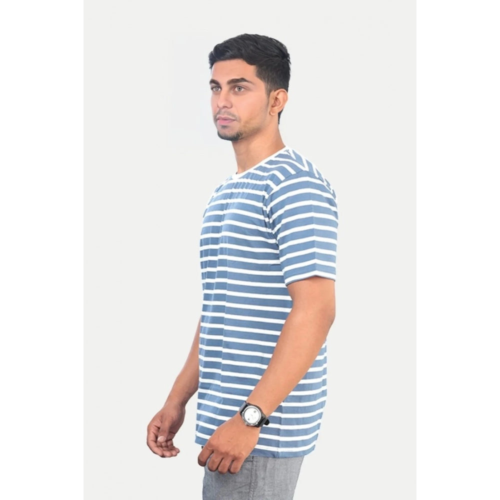 Generic Men's Casual Half sleeve Stripped Cotton Crew Neck T-shirt (Blue)