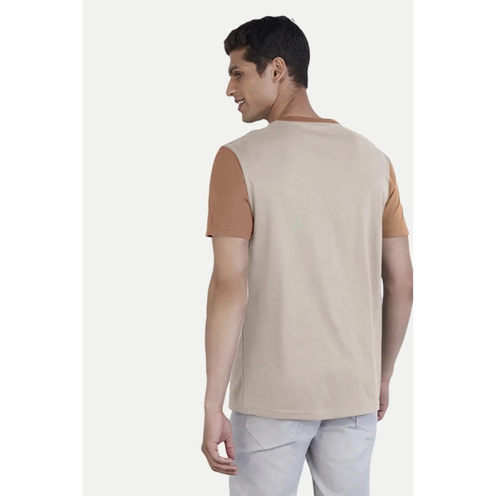 Generic Men's Casual Half sleeve Printed Cotton Crew Neck T-shirt (Cream)