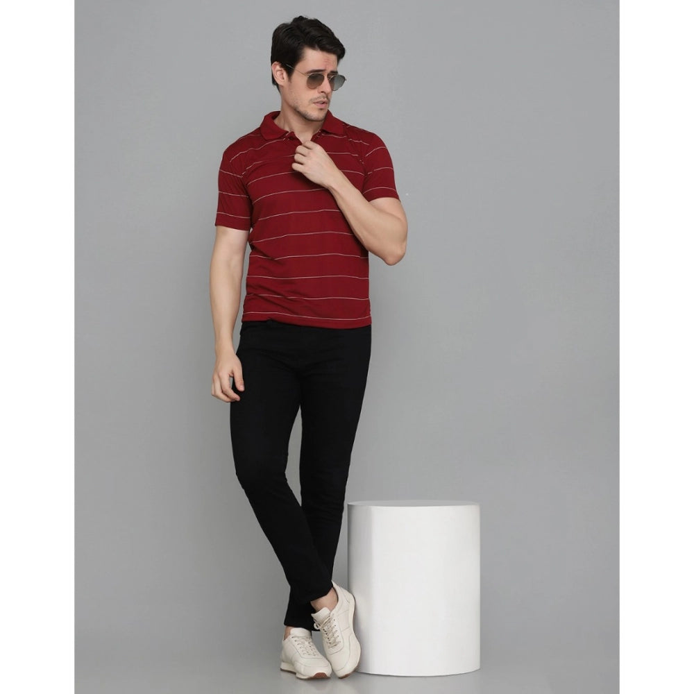 Generic Men's Casual Half Sleeve Striped Cotton Blended Polo Neck T-shirt (Maroon)