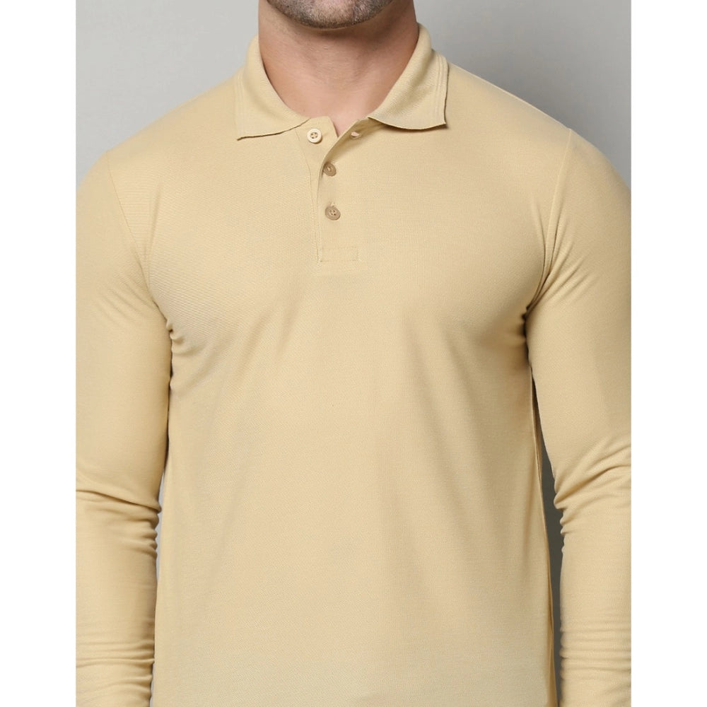 Generic Men's Casual Full Sleeve Solid Cotton Blended Polo Neck T-shirt (Beige)