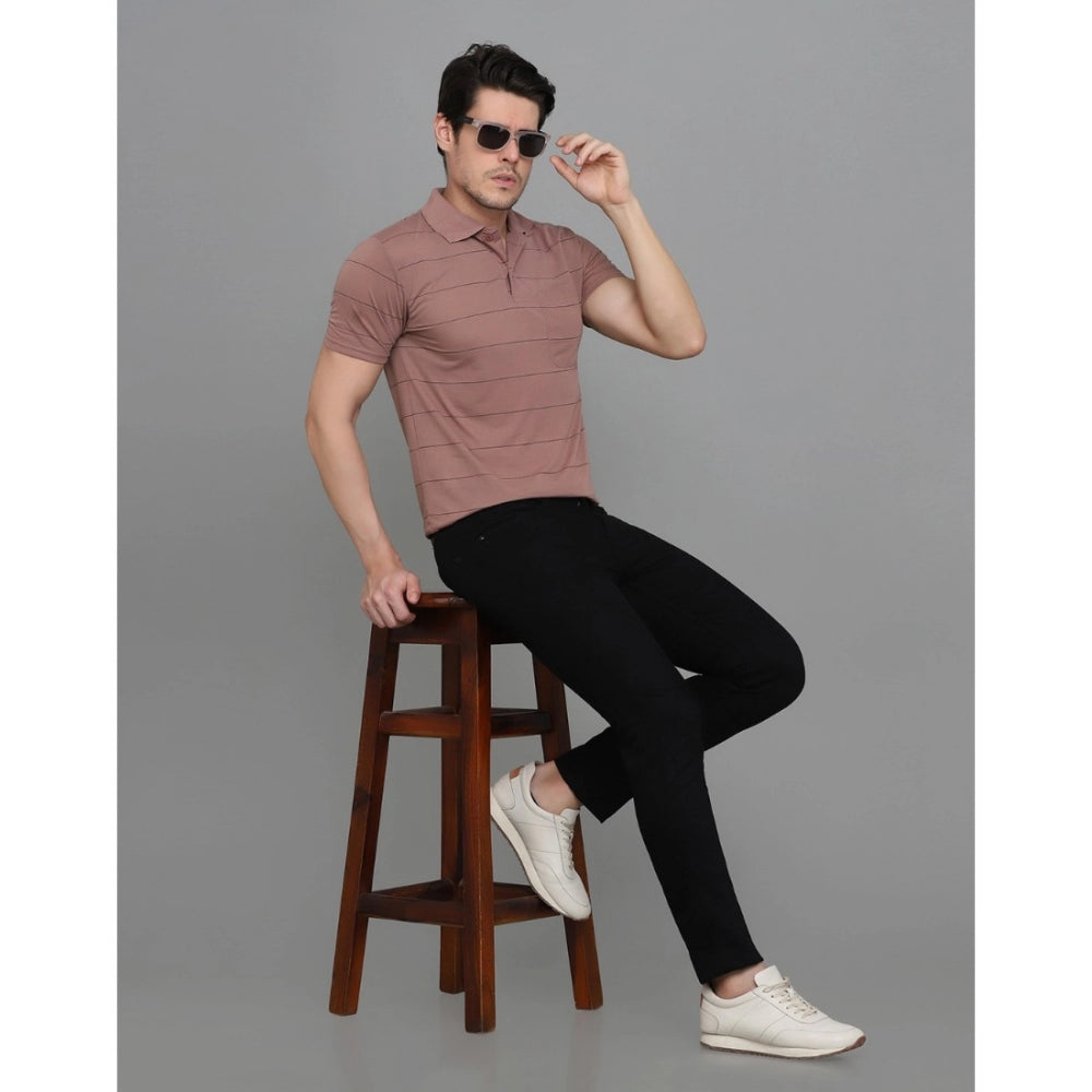 Generic Men's Casual Half Sleeve Striped Cotton Blended Polo Neck T-shirt (Pink)