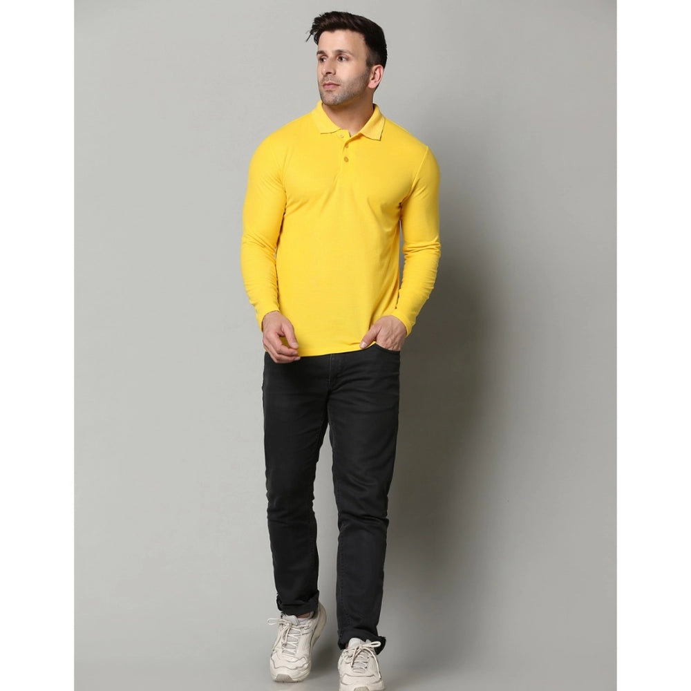 Generic Men's Casual Full Sleeve Solid Cotton Blended Polo Neck T-shirt (Yellow)