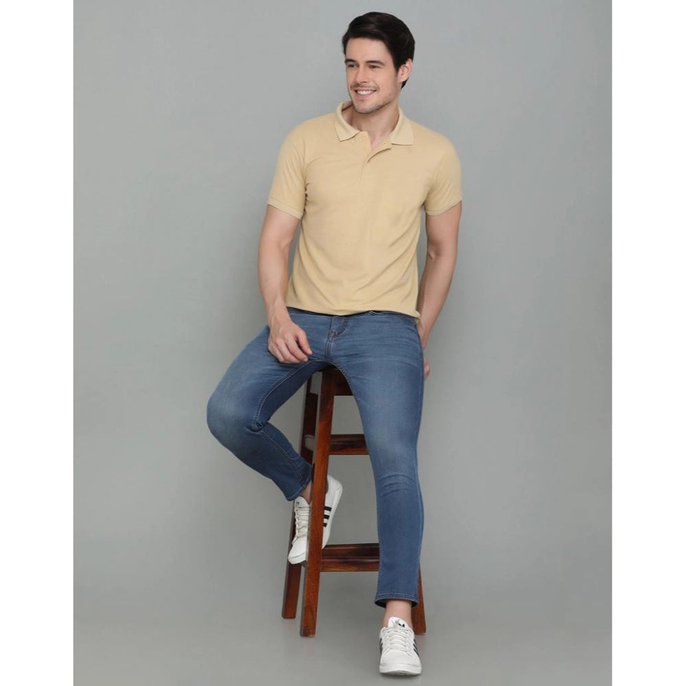Generic Men's Casual Half Sleeve Solid Cotton Blended Polo Neck T-shirt (Beige)