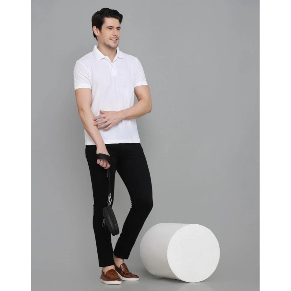 Generic Men's Casual Half Sleeve Solid Cotton Blended Polo Neck T-shirt (White)