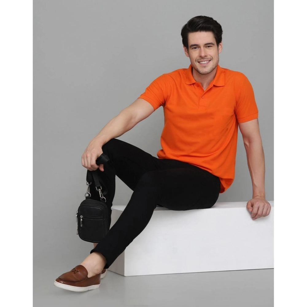 Generic Men's Casual Half Sleeve Solid Cotton Blended Polo Neck T-shirt (Orange)