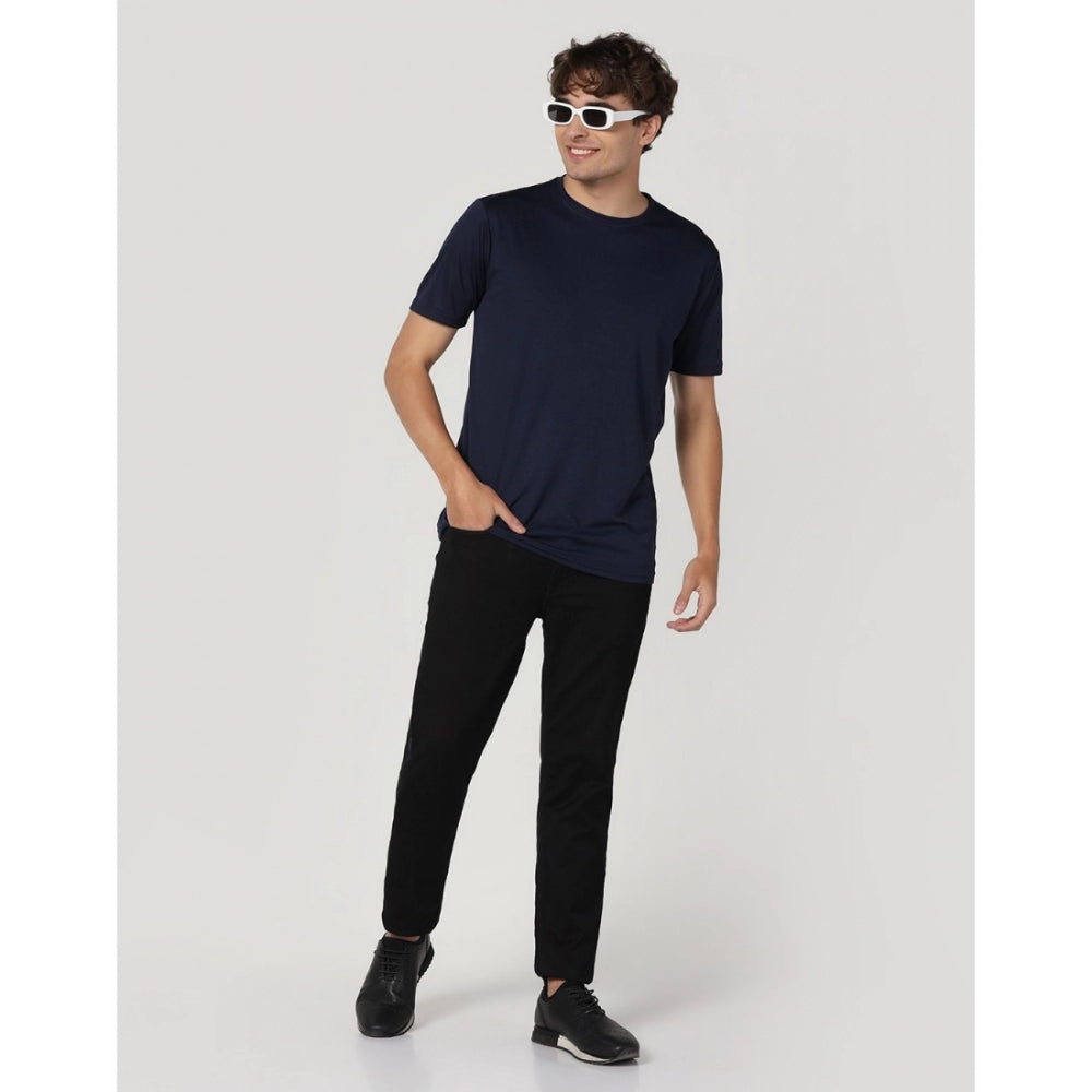 Generic Men's Casual Half Sleeve Solid Polyester Round Neck T-shirt (Navy)