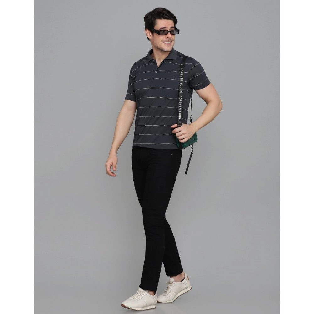 Generic Men's Casual Half Sleeve Striped Cotton Blended Polo Neck T-shirt (Grey)