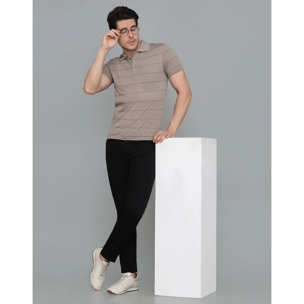 Generic Men's Casual Half Sleeve Striped Cotton Blended Polo Neck T-shirt (Beige)
