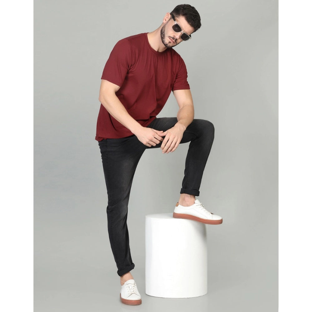 Generic Men's Casual Half Sleeve Solid Cotton Blended Round Neck T-shirt (Maroon)