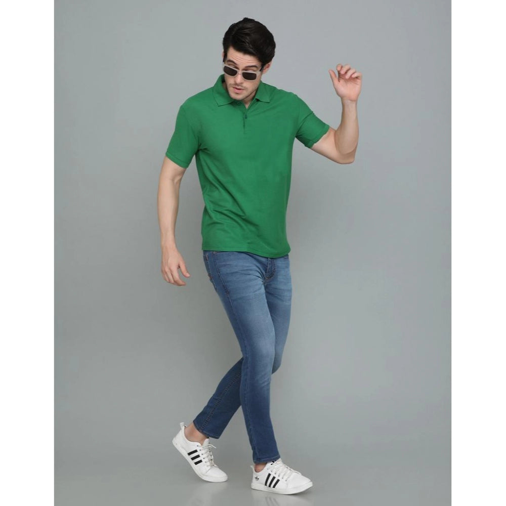 Generic Men's Casual Half Sleeve Solid Cotton Blended Polo Neck T-shirt (Green)