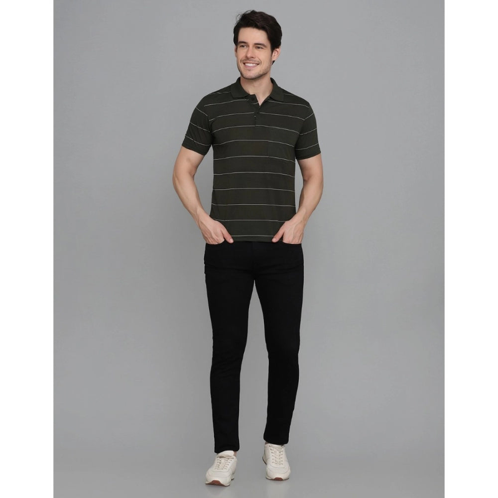 Generic Men's Casual Half Sleeve Striped Cotton Blended Polo Neck T-shirt (Green)
