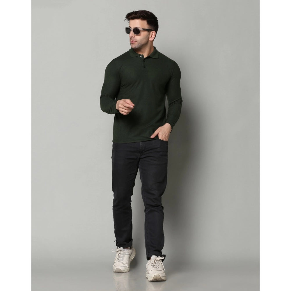 Generic Men's Casual Full Sleeve Solid Cotton Blended Polo Neck T-shirt (B.Green)
