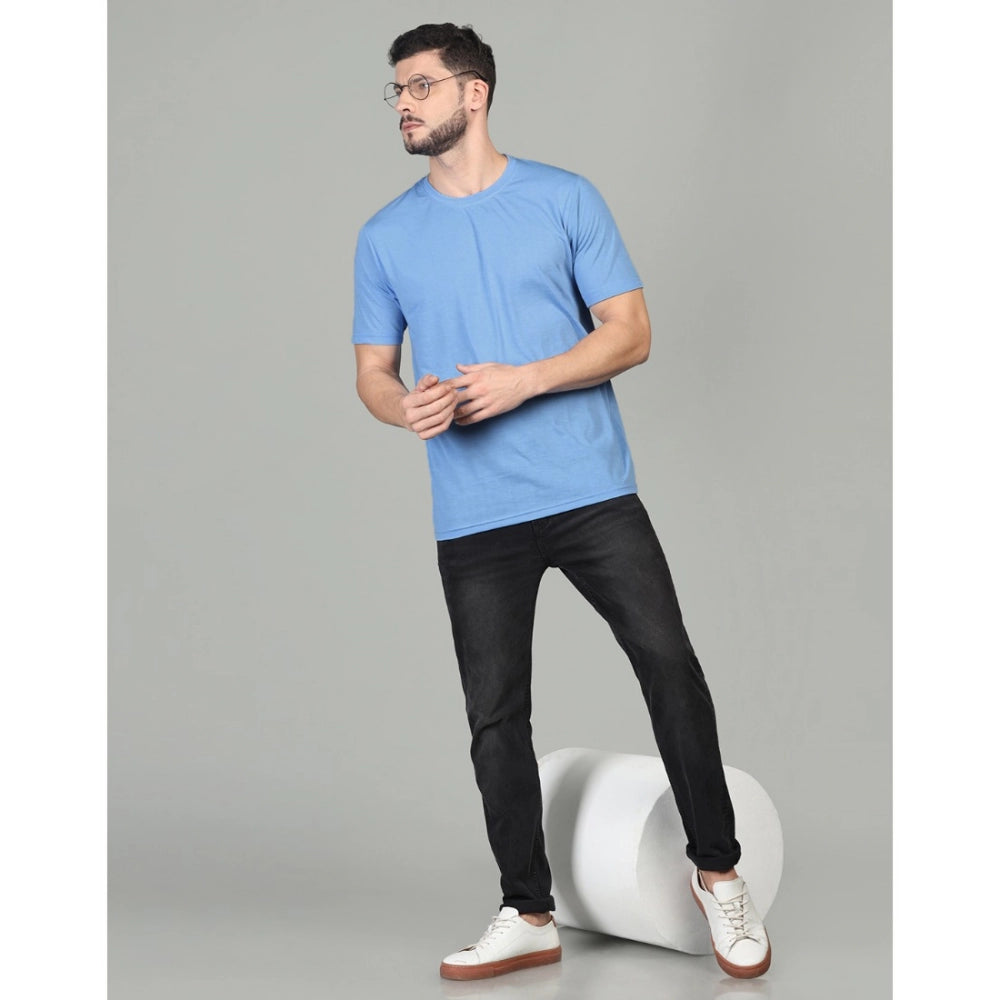 Generic Men's Casual Half Sleeve Solid Cotton Blended Round Neck T-shirt (Sky)