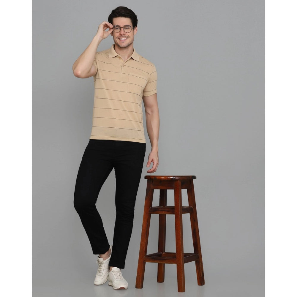 Generic Men's Casual Half Sleeve Striped Cotton Blended Polo Neck T-shirt (L.Beige)