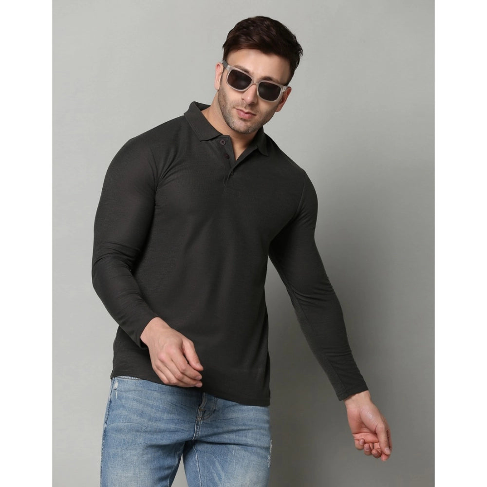 Generic Men's Casual Full Sleeve Solid Cotton Blended Polo Neck T-shirt (D.Grey)