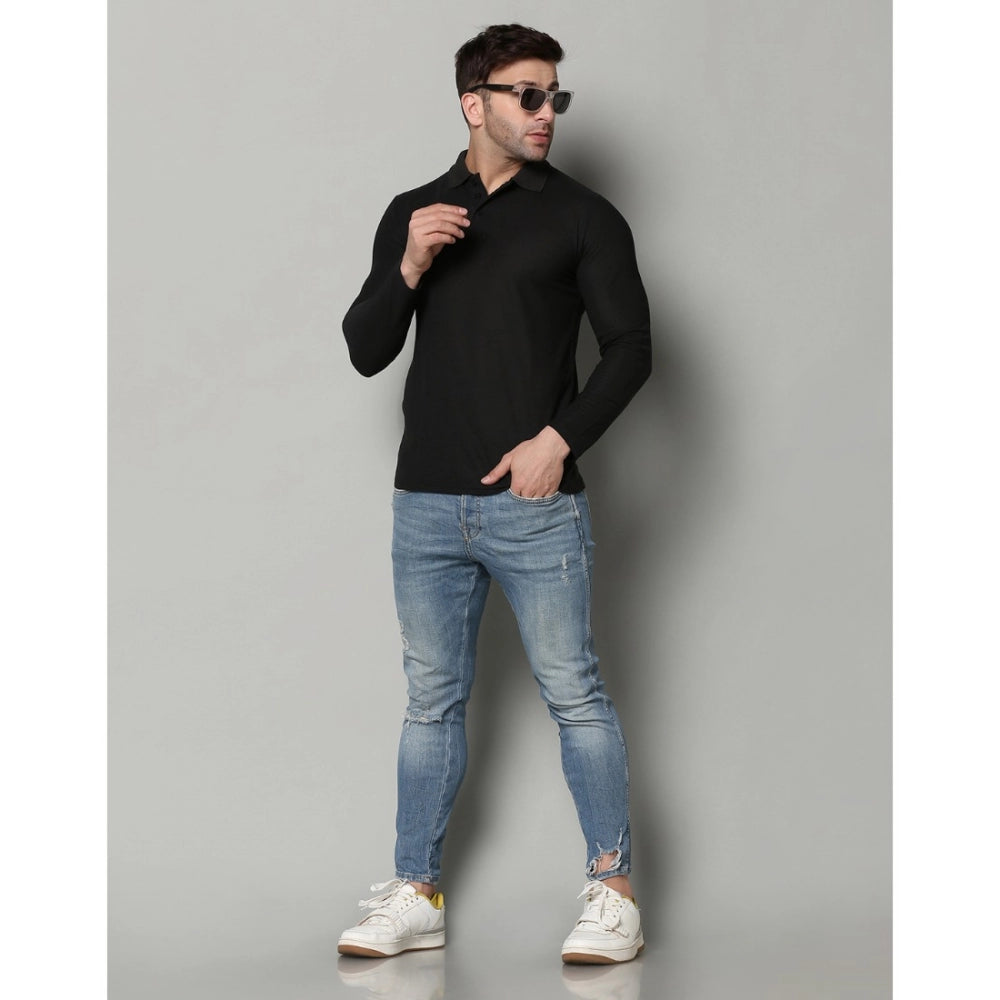 Generic Men's Casual Full Sleeve Solid Cotton Blended Polo Neck T-shirt (Black)