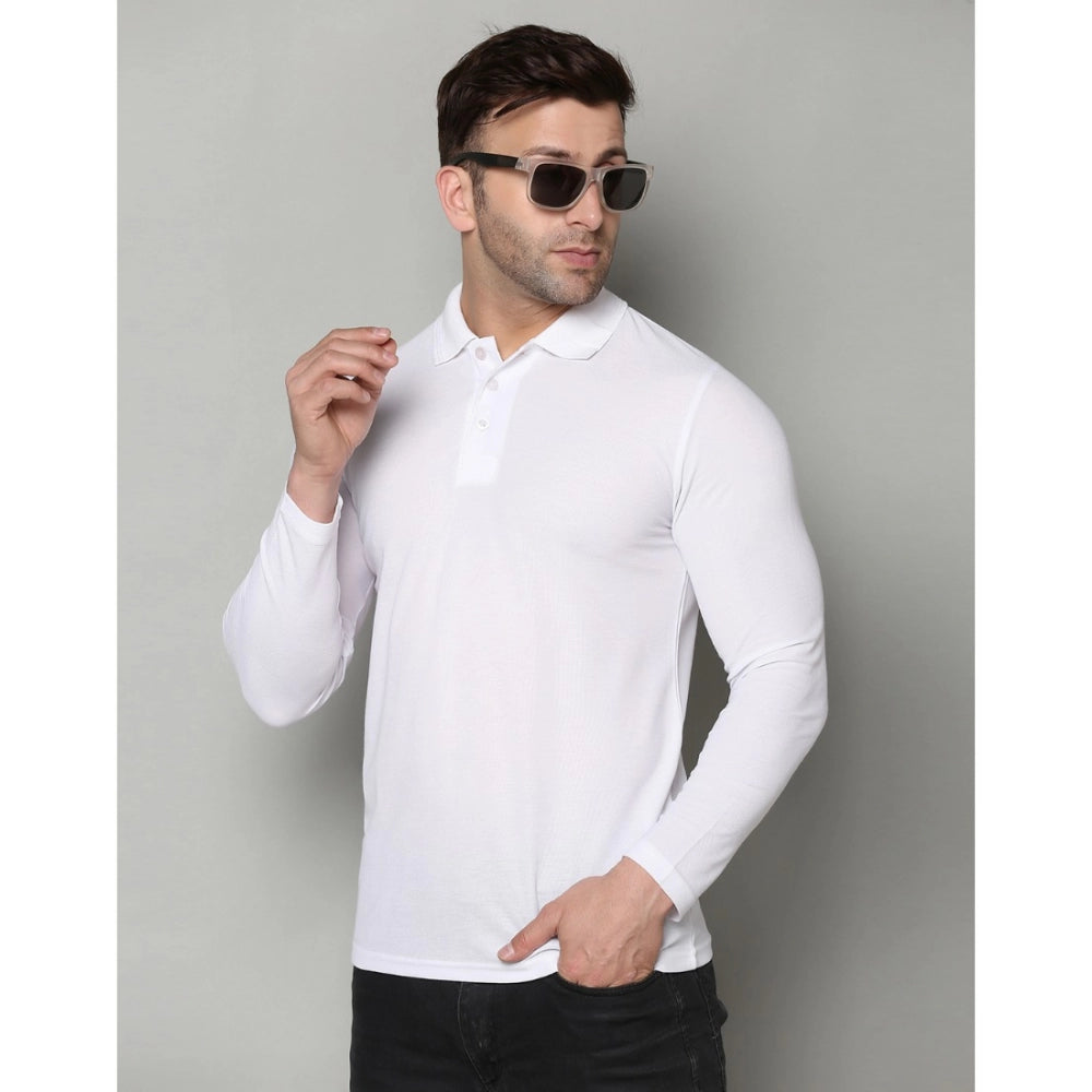 Generic Men's Casual Full Sleeve Solid Cotton Blended Polo Neck T-shirt (White)