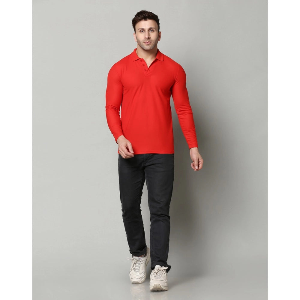 Generic Men's Casual Full Sleeve Solid Cotton Blended Polo Neck T-shirt (Red)