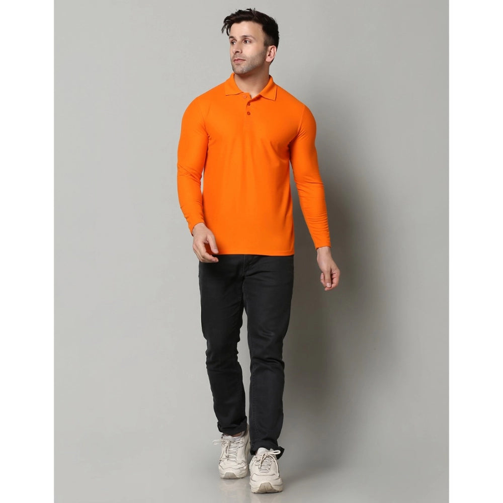 Generic Men's Casual Full Sleeve Solid Cotton Blended Polo Neck T-shirt (Orange)