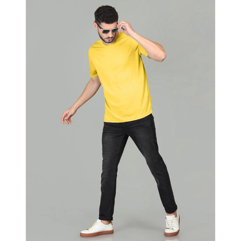 Generic Men's Casual Half Sleeve Solid Cotton Blended Round Neck T-shirt (Yellow)