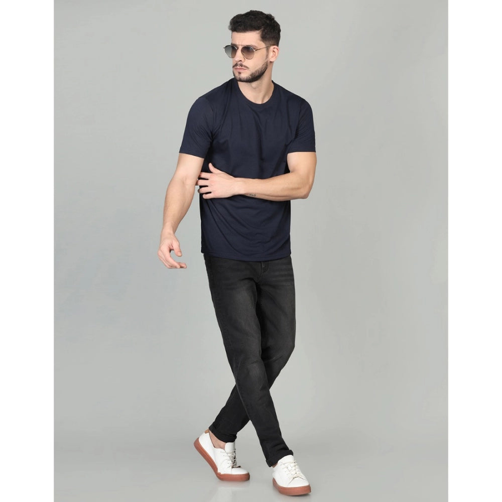 Generic Men's Casual Half Sleeve Solid Cotton Blended Round Neck T-shirt (Dark Blue)