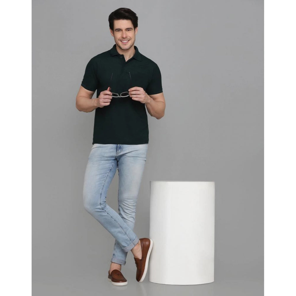 Generic Men's Casual Half Sleeve Solid Cotton Blended Polo Neck T-shirt (Green)