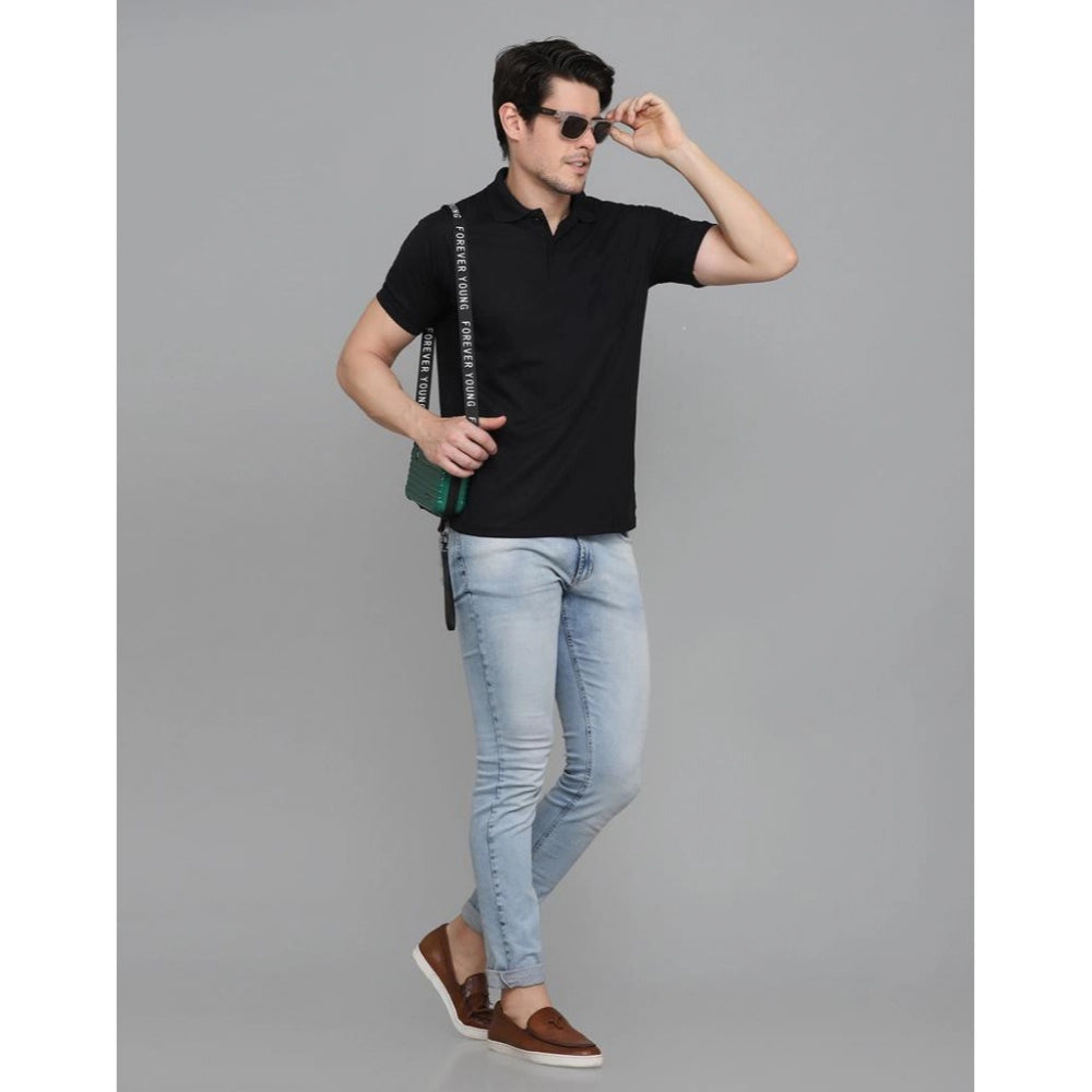 Generic Men's Casual Half Sleeve Solid Cotton Blended Polo Neck T-shirt (Black)