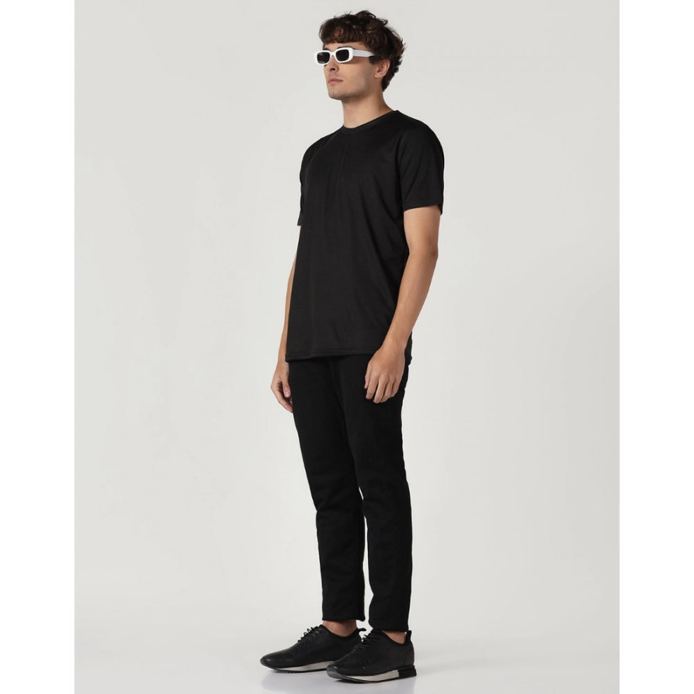 Generic Men's Casual Half Sleeve Solid Polyester Round Neck T-shirt (Black)
