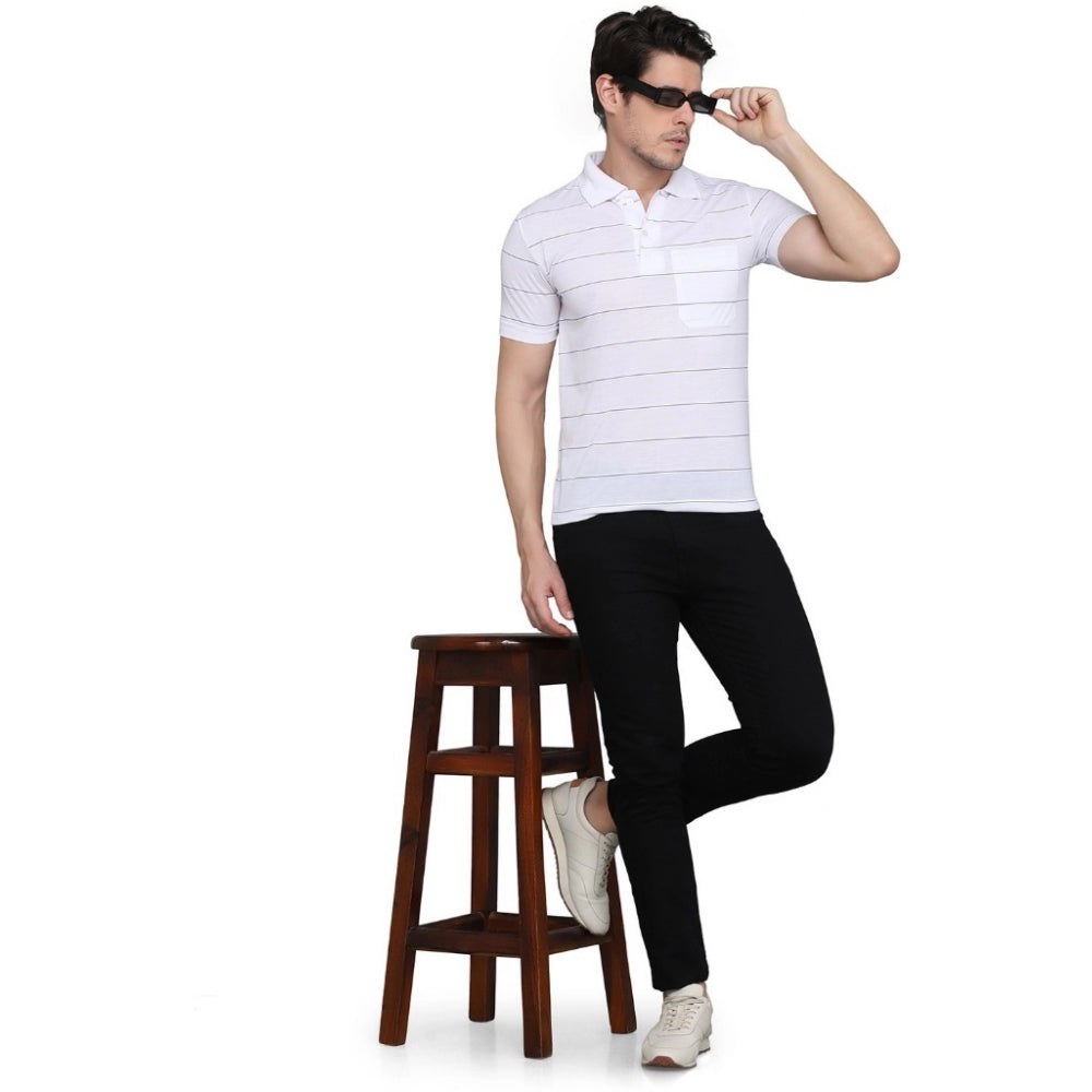 Generic Men's Casual Half Sleeve Striped Cotton Blended Polo Neck T-shirt (White)