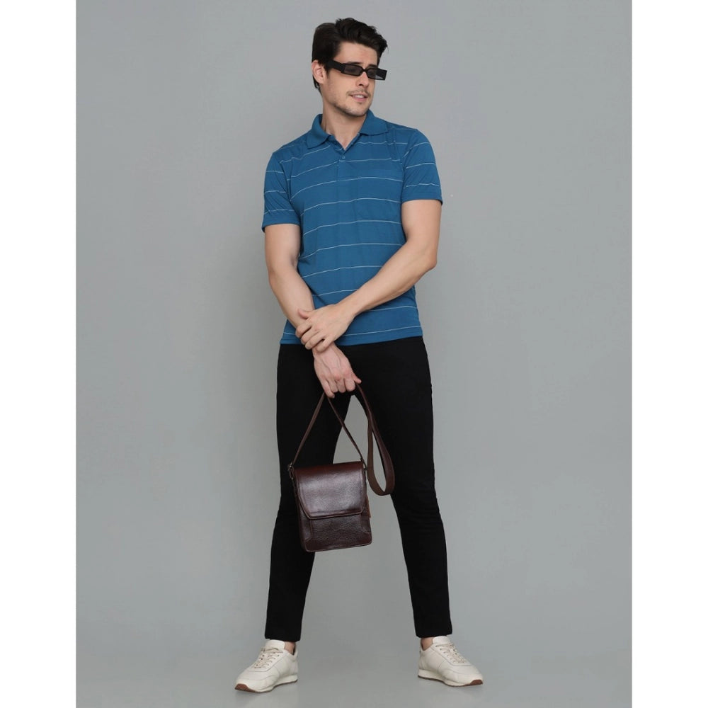 Generic Men's Casual Half Sleeve Striped Cotton Blended Polo Neck T-shirt (Teel Blue)
