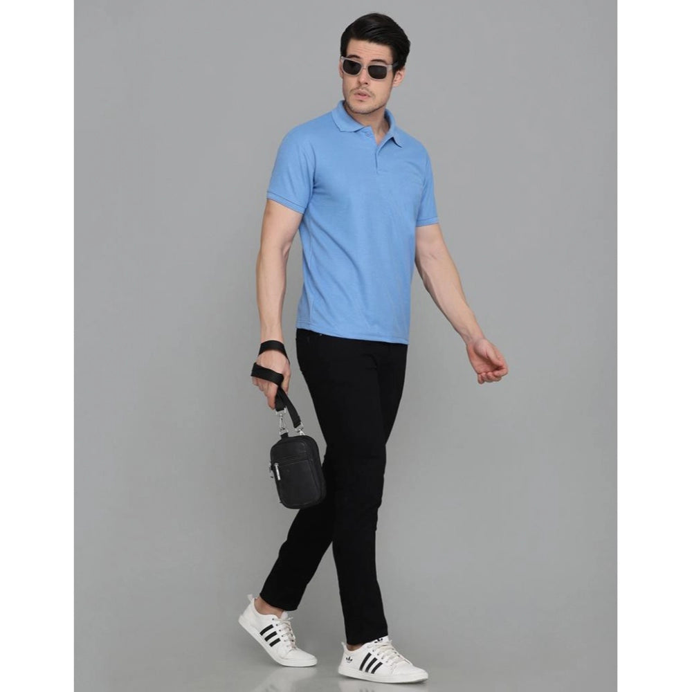 Generic Men's Casual Half Sleeve Solid Cotton Blended Polo Neck T-shirt (Blue)