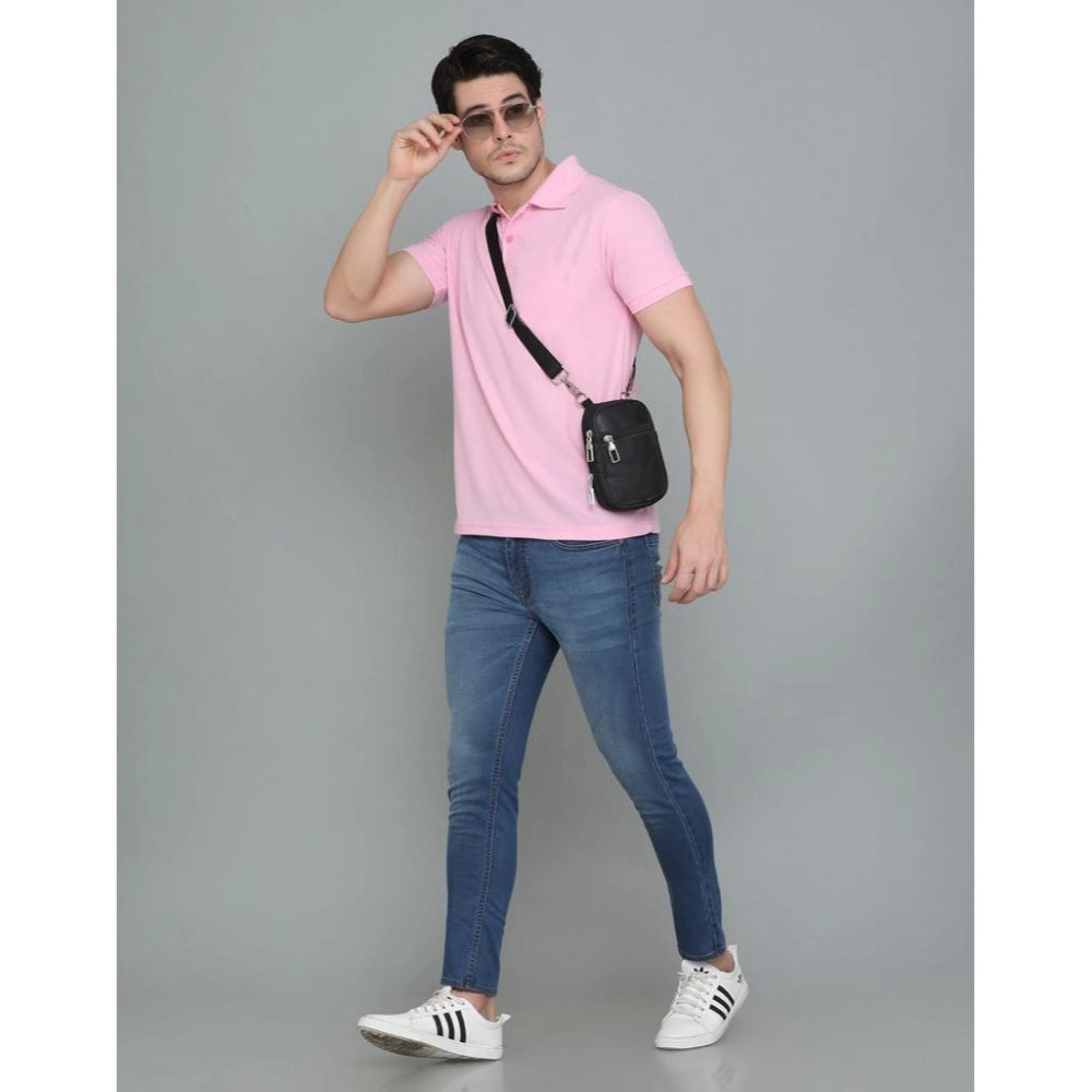 Generic Men's Casual Half Sleeve Solid Cotton Blended Polo Neck T-shirt (Pink)