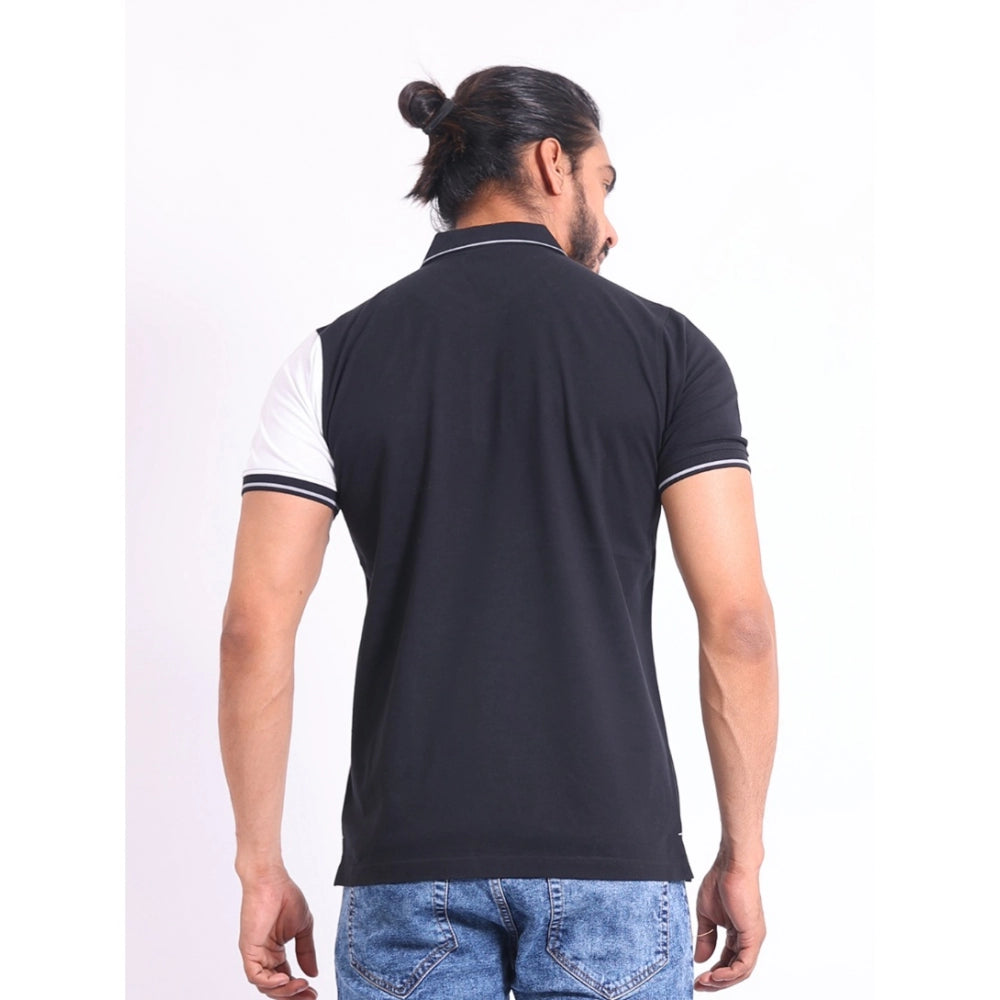 Generic Men's Casual Cotton Printed Polo Neck Half Sleeve T-Shirt (Black)