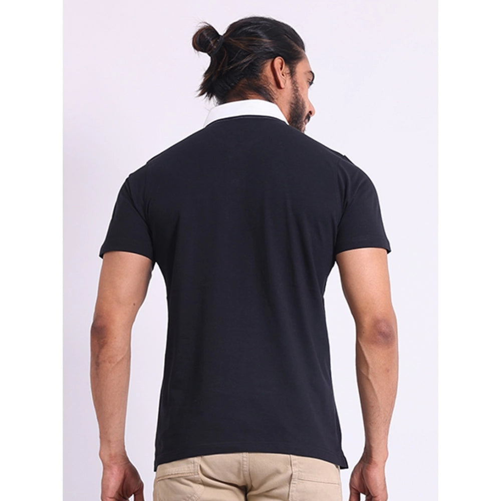 Generic Men's Casual Cotton Printed Polo Neck Half Sleeve T-Shirt (Black)