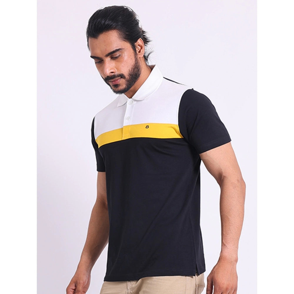 Generic Men's Casual Cotton Printed Polo Neck Half Sleeve T-Shirt (Black)