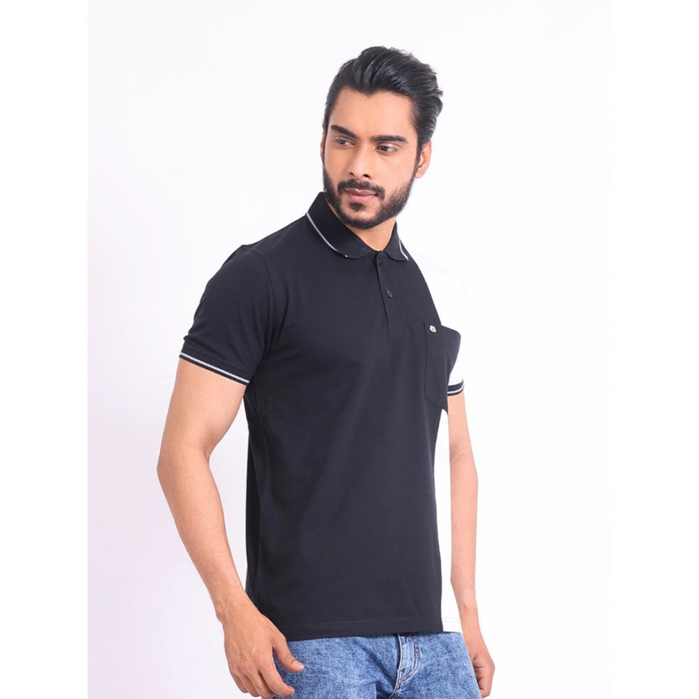Generic Men's Casual Cotton Printed Polo Neck Half Sleeve T-Shirt (Black)