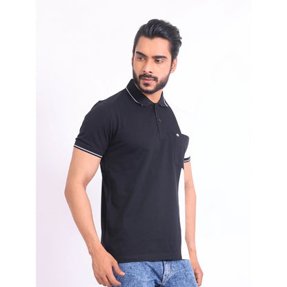 Generic Men's Casual Cotton Printed Polo Neck Half Sleeve T-Shirt (Black)