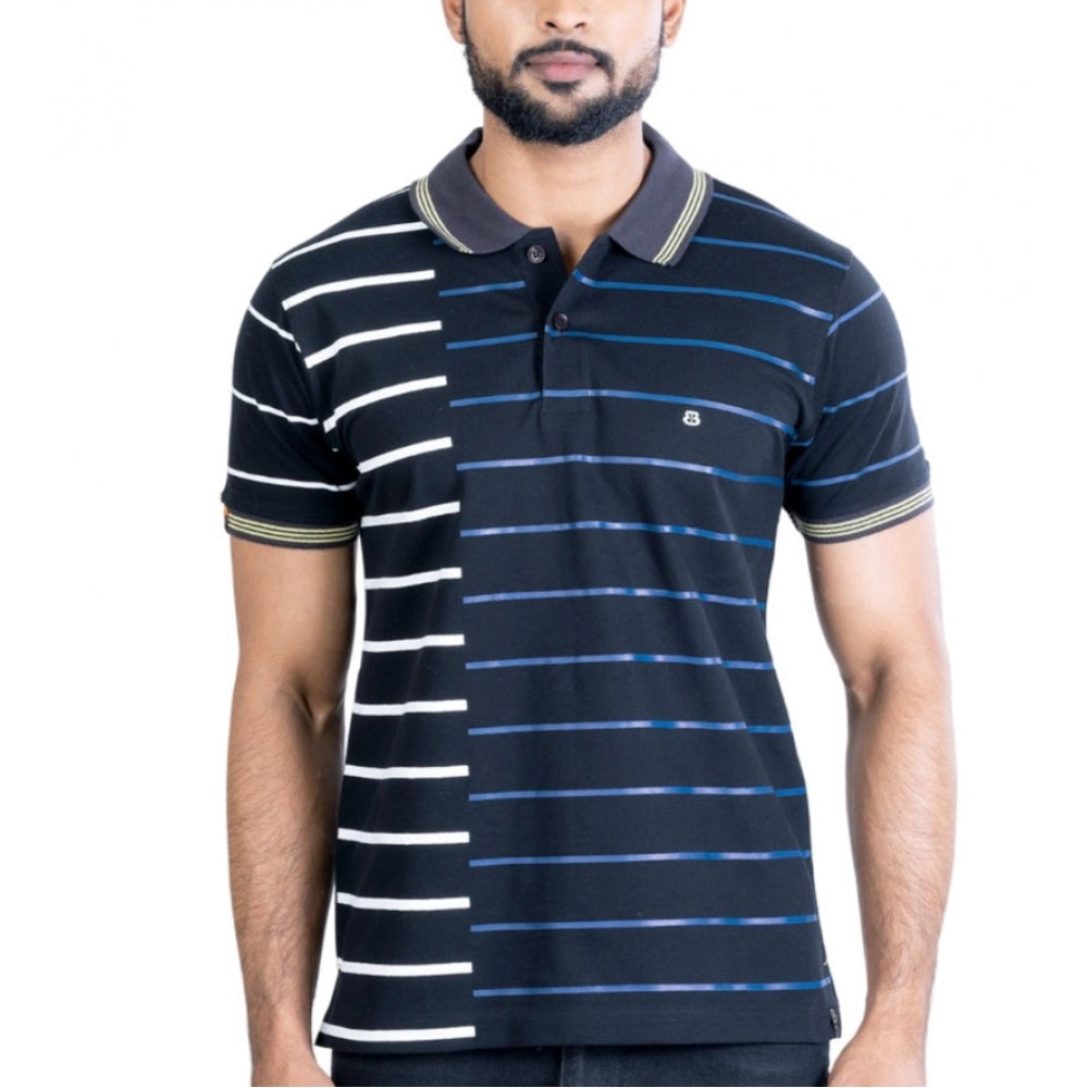Generic Men's Casual Cotton Printed Polo Neck Half Sleeve T-Shirt (Black)