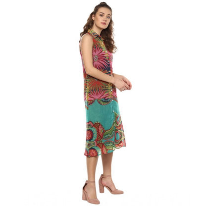 Generic Women's Polyester Floral Sleeveless Below Knee Dress (Multicolor)