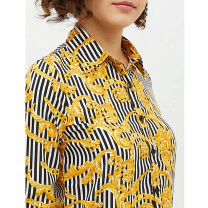 Generic Women's Polyester Printed Roll Up Sleeve Standard Length Shirt (Mustared)