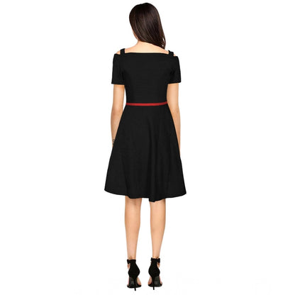 Generic Women's Polyester Solid V Neck Cap Sleeve Dress (Black)