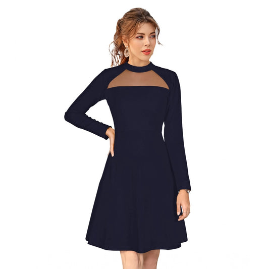 Generic Women's Knitting stretchable Solid Round Neck Full Sleeve Dress (Blue)