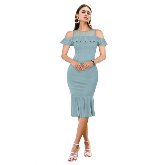 Generic Women's Knitting stretchable Solid Round Neck Sleeveless Dress (Pista )