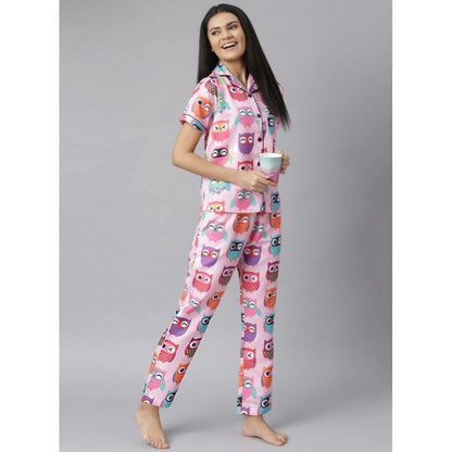 Generic Women's Cotton Blend Printed Short Sleeve Night Suit (Pink)